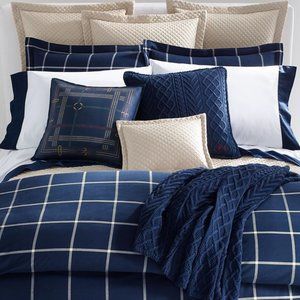 NWT NEW Ralph Lauren Home Navy Modern Equestrian Windowpane KING Duvet